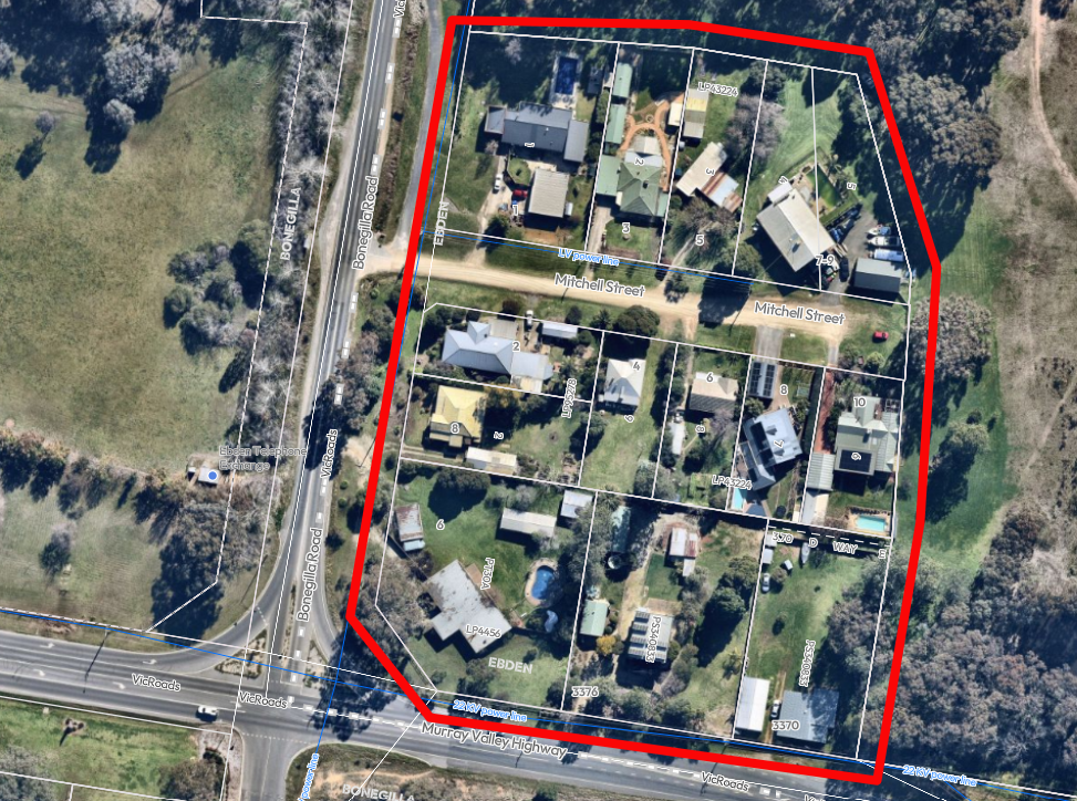 A map of Mitchell Street, Ebden which shows the benefiting properties by this Special Charge scheme.